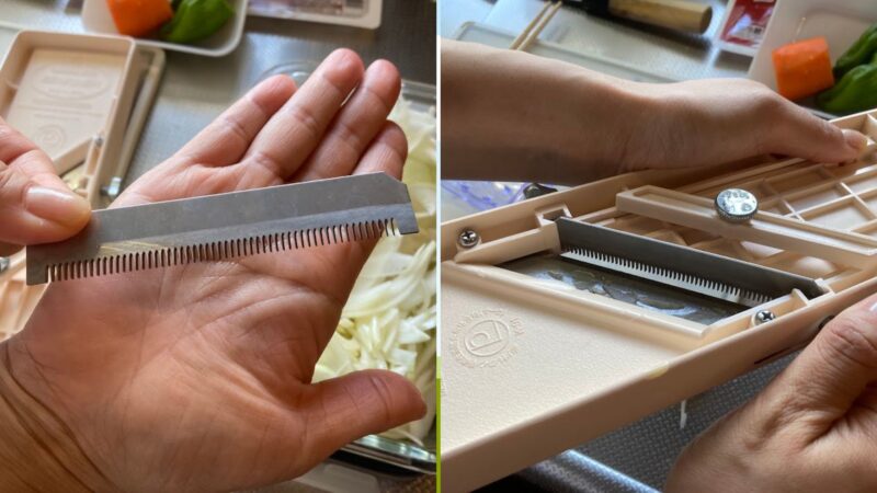 人参の細切りに使用するベンリナーの交換用クシ刃と、スライサー本体へ刃を取り付ける手順