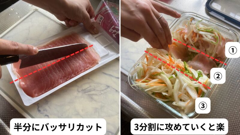 パックに入った生ハムを縦半分に包丁でカットする様子と、容器内で3分割の区切りに沿って野菜と生ハムを層状に重ねるコツを示す2コマ画像