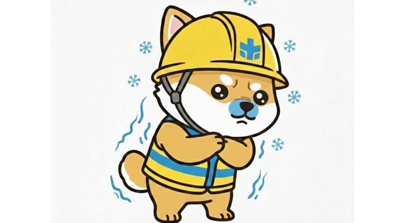 安全ヘルメットと作業着を着用し、寒さや恐怖で身をすくめて震えている柴犬のキャラクター