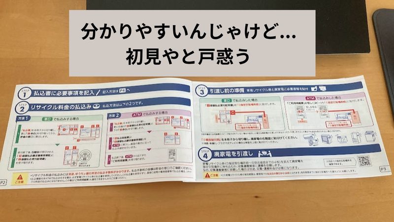 家電リサイクル券の解説見開きページ。「分かりやすく書いてるけど…初見やと戸惑う」という文字が添えられている画像