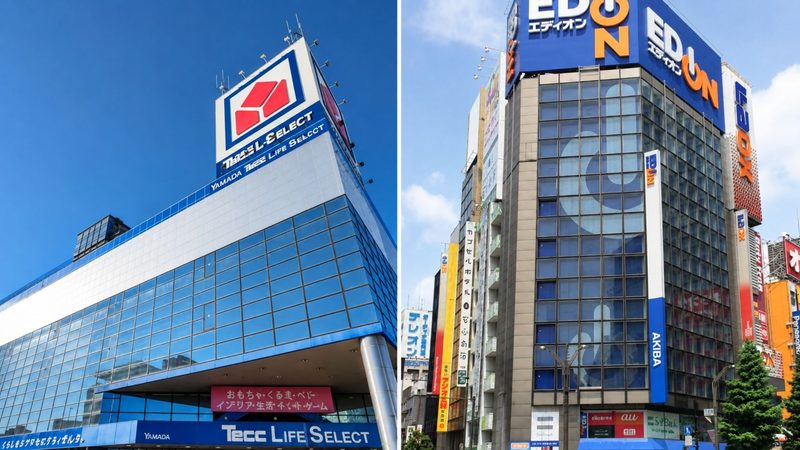 ヤマダデンキとエディオンの店舗外観と看板