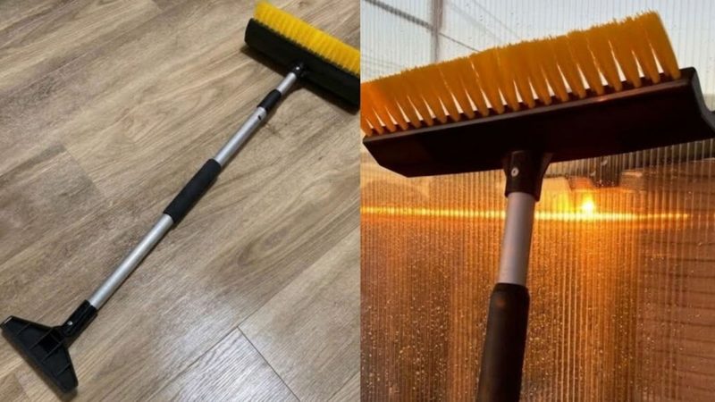 伸縮式スノーブラシの全体像（スクレーパー付き）と、ブラシと水切りゴムのヘッド部分の拡大写真