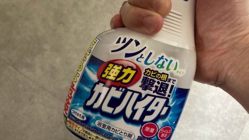 花王の強力カビハイター（ツンとしないタイプ・つけかえ用）を手に持ったボトル写真